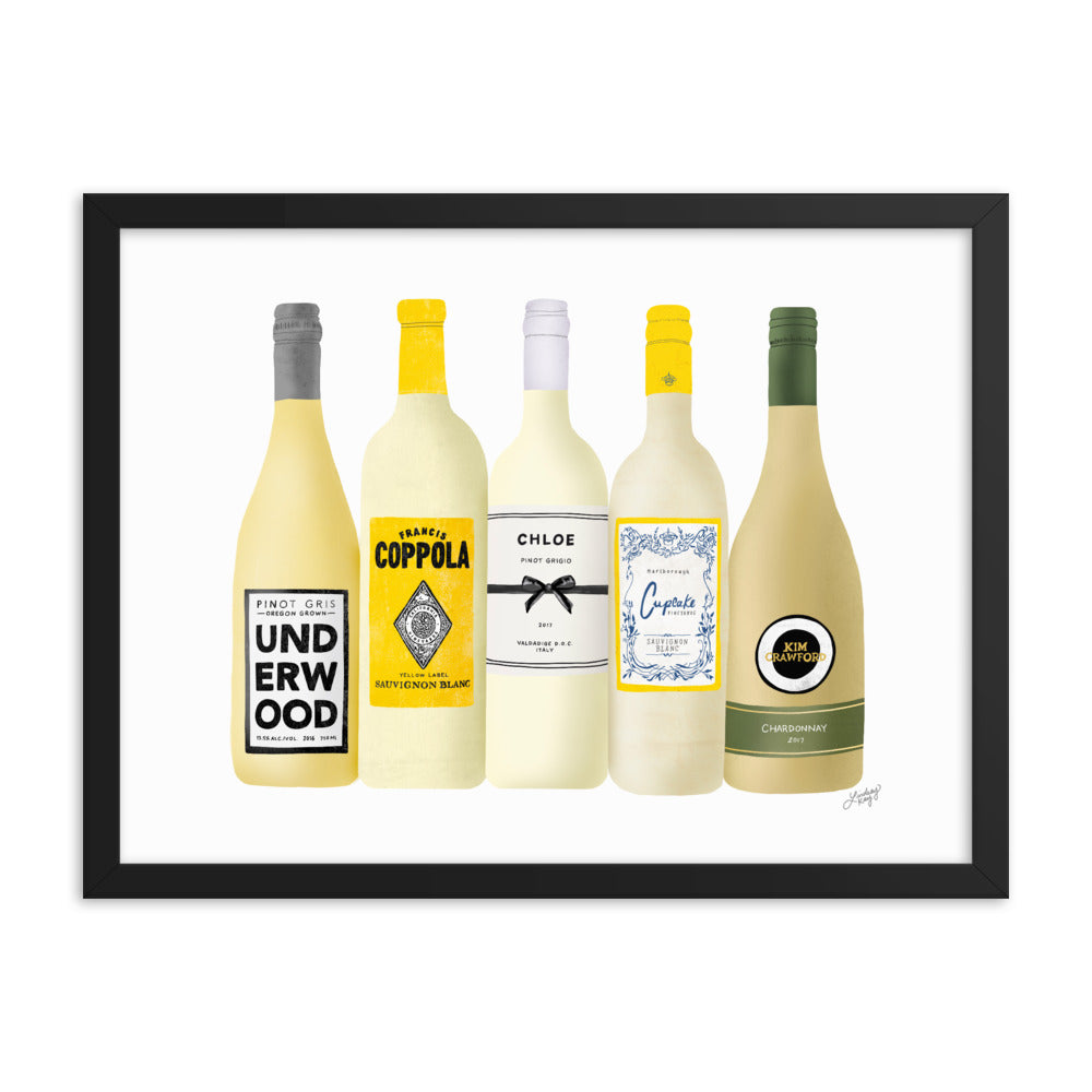 Ilustración de botellas de vino blanco - Impresión mate enmarcada